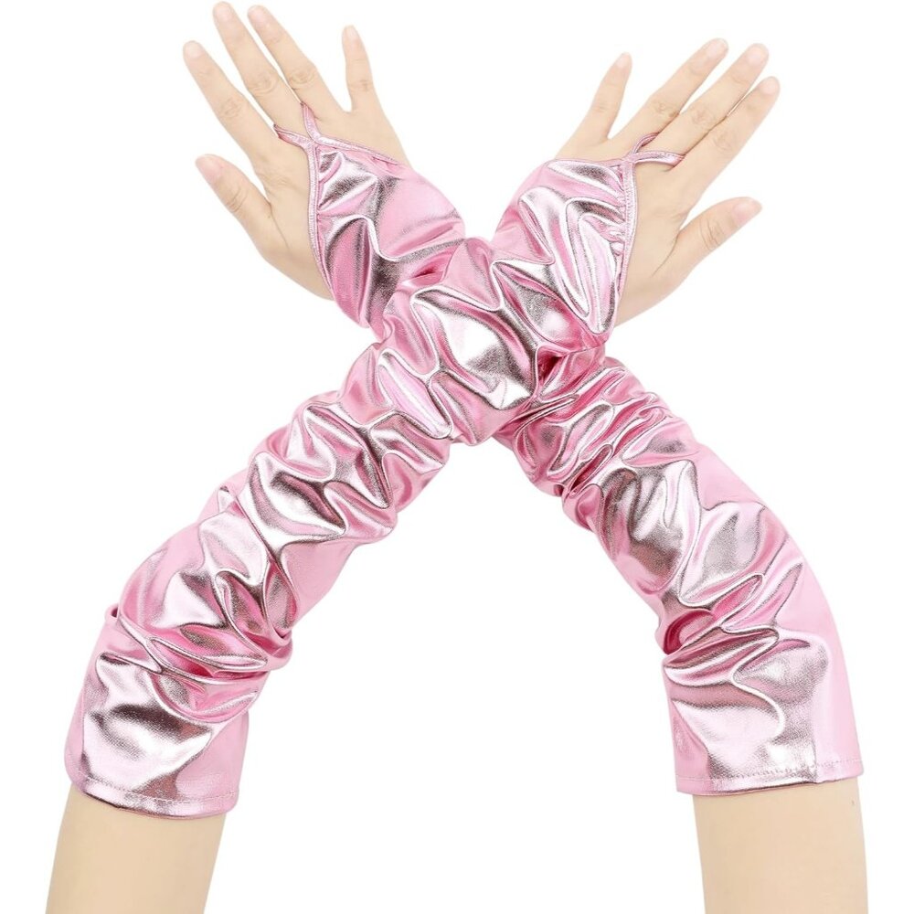 Women's Pink Metallic Sparkle Shiny Finger Loop Gloves Fingerless Arm Length